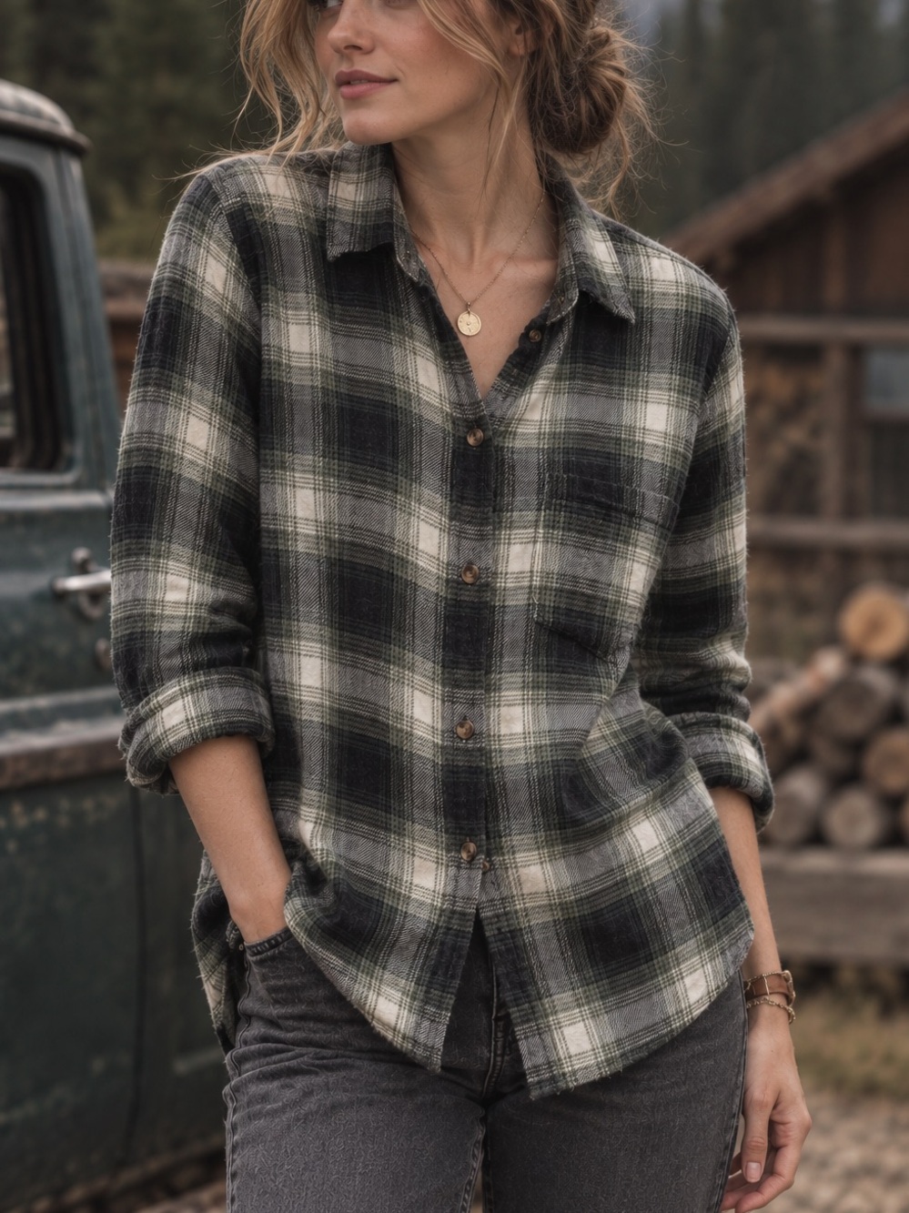 American Eagle M Boyfriend Fit Plaid Flannel Button Down Green Gray Bella Swan